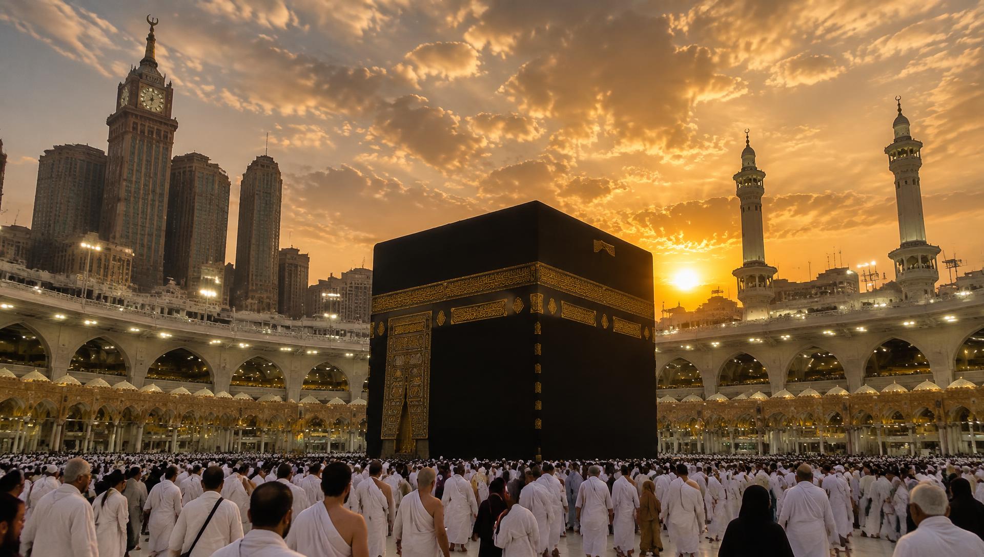 Pilgrims performing tawaf around the Kaaba at sunset